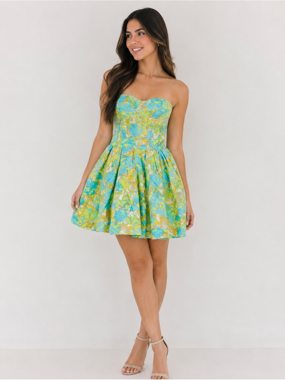 Jessica Simpson Aqua & Yellow Floral Strapless Dress